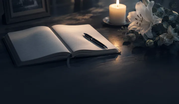 Otwarty notes i pióro — symbol przygotowania mowy pogrzebowej